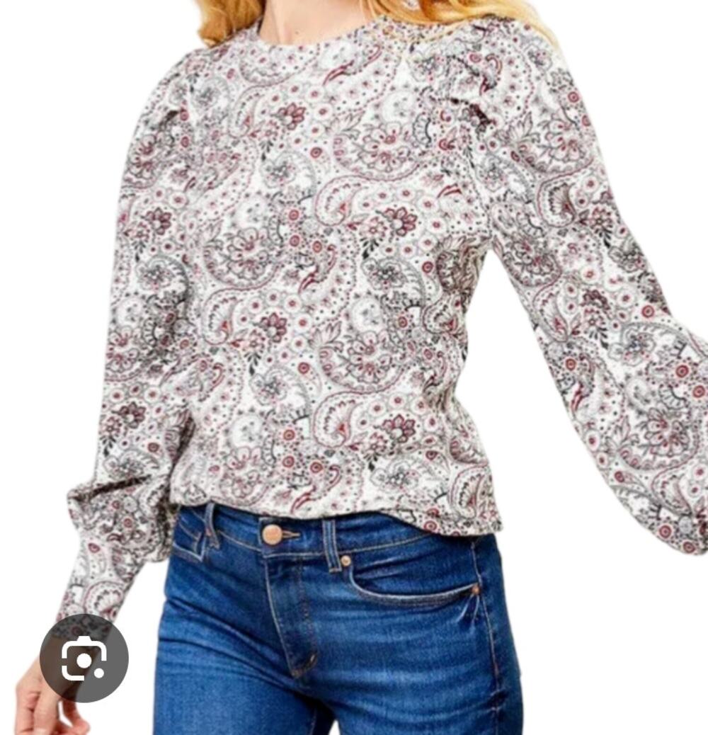 LOFT Floral Sweatshirt Womens size Medium puff sleeve Red Fall style
